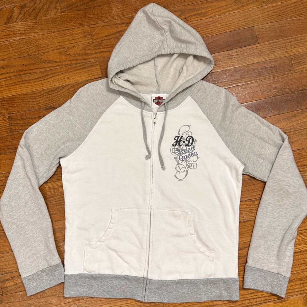 Harley Davidson Size Medium Road Queen Gray/White Zip Up Hoodie Sweatshirt